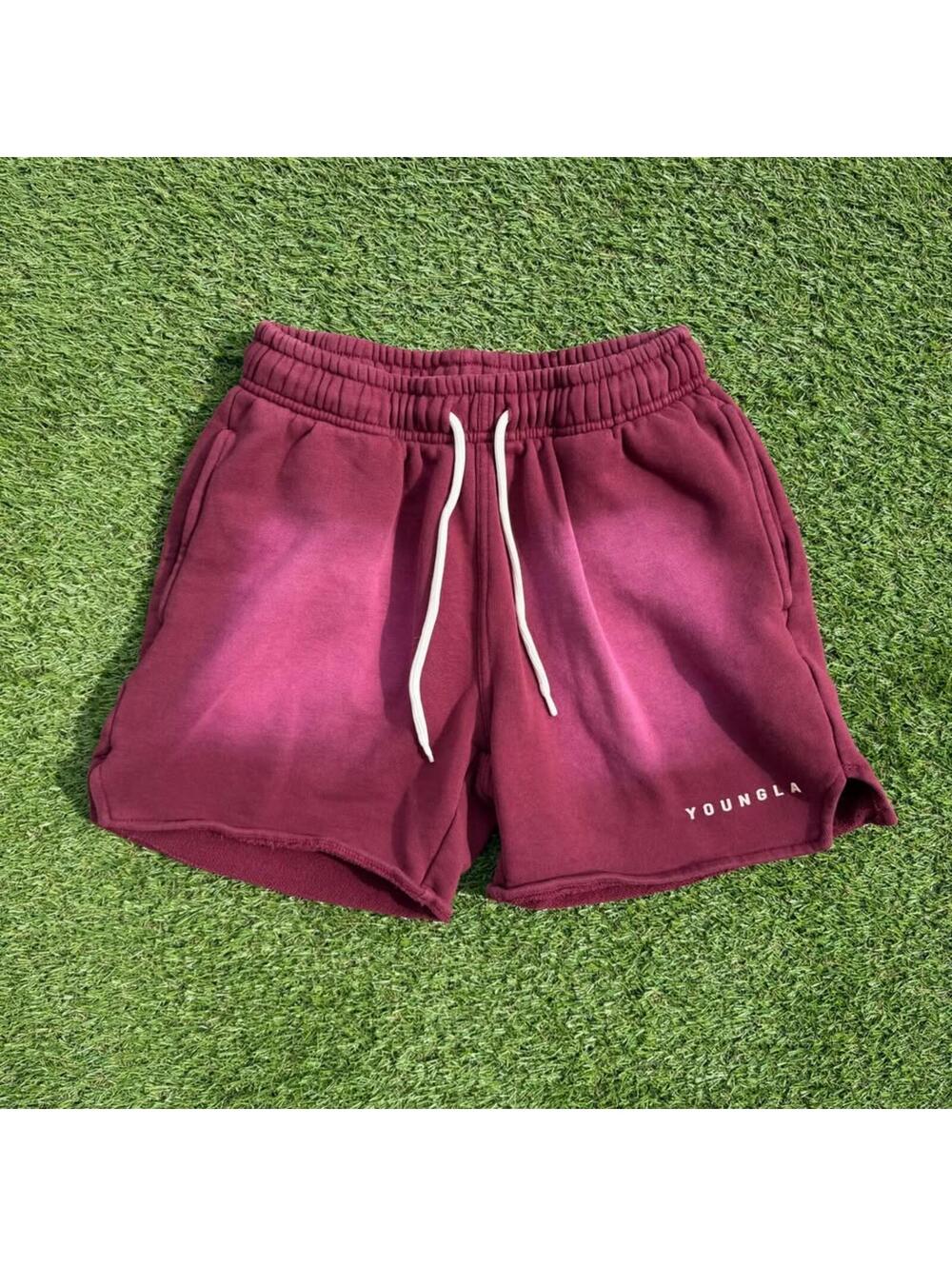 YoungLA Sun Faded Shorts Burgundy Mens Small - Vintage Wash Gym Sweat Shorts